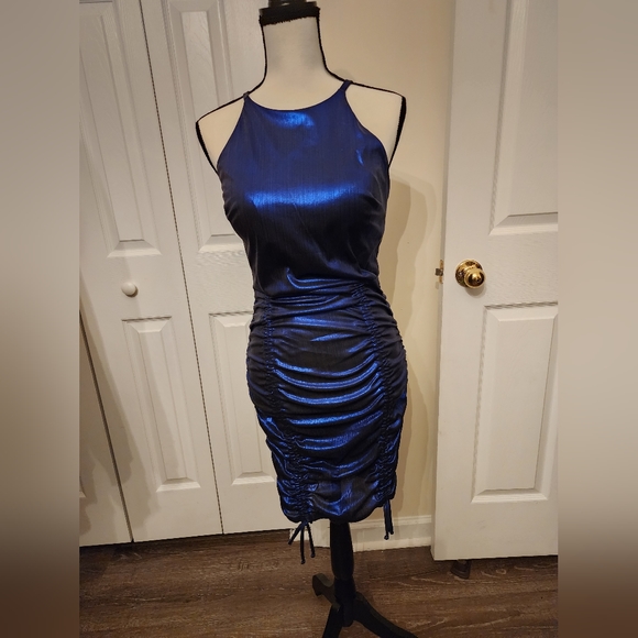 BCX Teen Party Dress, Metallic Navy Blue Dress Ruched Sides.. Flattering look - Picture 1 of 16
